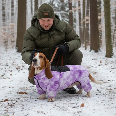 beagle portant Manteau chien dans forêt hivernale