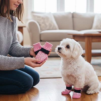 bichon blanc portant Chaussette pour chien est assis près de jeune dame à genoux sur sol