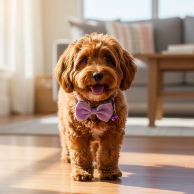 bichon brun porte noeud papillon chien dans salon