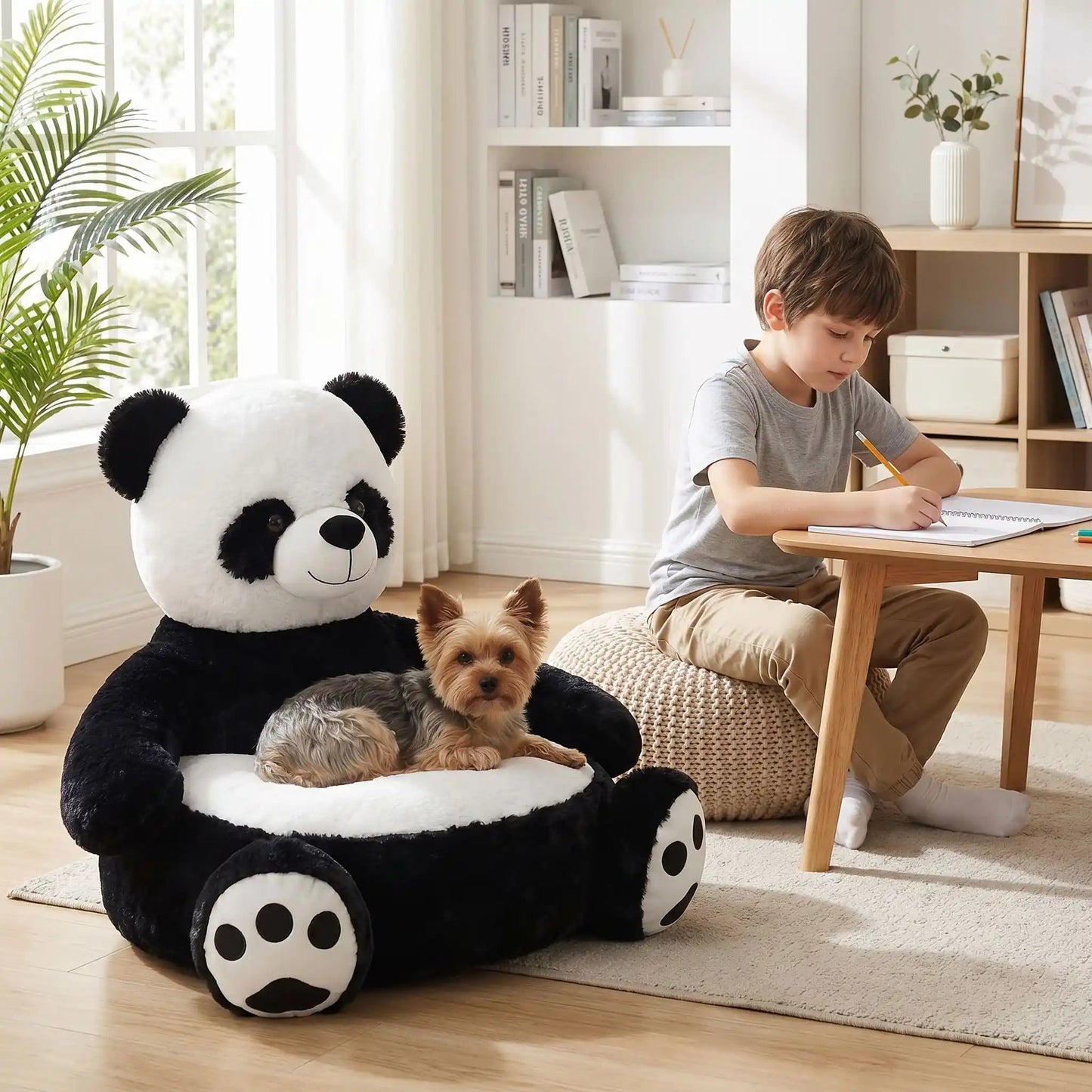 yorkie couché sur canapé pour chien en forme de panda avec garçon qui fait ses devoirs