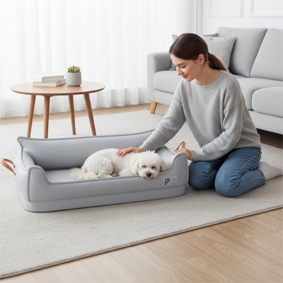 caniche blanc dort sur Canapé pour chien et dame le cajole