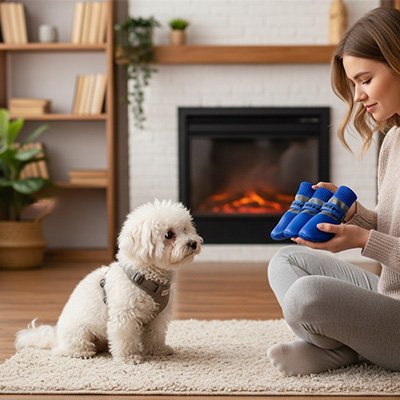 caniche blanc est assis sur moquette avec dame qui tient Chaussure pour Chien