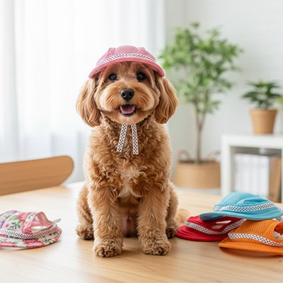 caniche brun portant Casquette chien est assis sur table