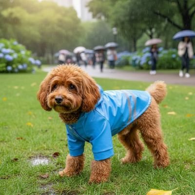 caniche brun portant Manteau pour Chien bleu sur pelouse de parc