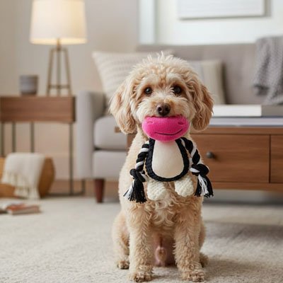 caniche joue avec Peluche Chien vache sur moquette blanche