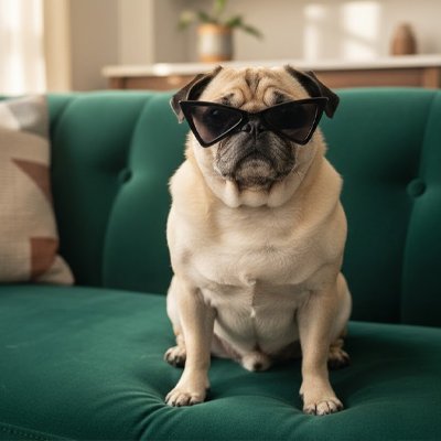 carlin porte Lunette de soleil chien assis sur canapé vert