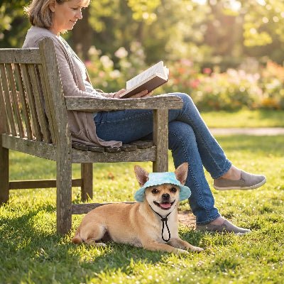 chihuahua portant chapeau pour chien est couché près de banc de parc avec dame qui lit