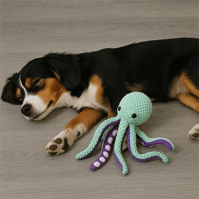 chiot aussie dort avec Peluche Chien