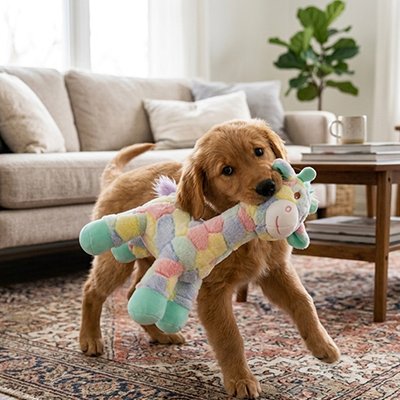 chiot golden retriever joue avec Peluche pour chien sur tapis