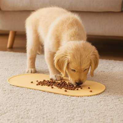 chiot golden retriever mange dans son bol qui est surTapis gamelle Chien beige