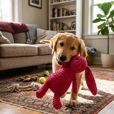 chiot golden retriever mordille Peluche chien rose sur la moquette