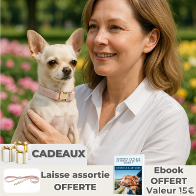 dame avec son chihuahua portant collier chien rose dans un jardin fleuri