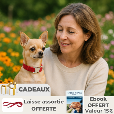 chihuahua portant collier chien rouge est dans les bras de dame de 50 ans dans un jardin fleuri