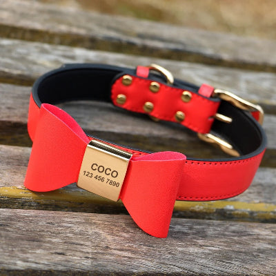 collier-rouge-à -noeud-papillon-sur-table-de-bois-en-extérieur