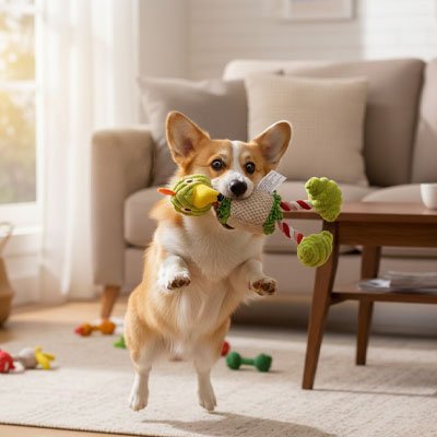 corgi joue avec Peluche Chien en forme de flamant sur moquette de salon