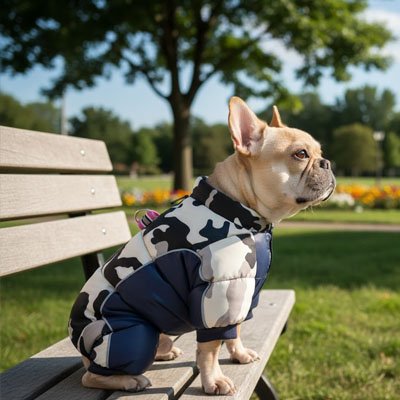 frenchie portant Manteau pour Chien bleu est dans un parc assis sur un banc