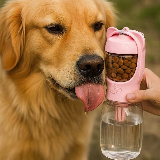 golden retriever boit dans Gourde pour chienâ rose