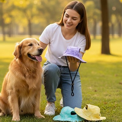 golden retriever dans parc avec femme qui tient Casquette chien dans sa main