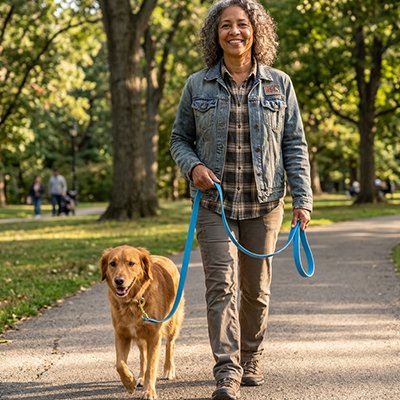 golden retriever en Longe Chien avec femme dans parc