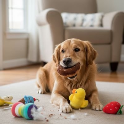 golden retriever joue avec Peluche Chien beigne sur sol