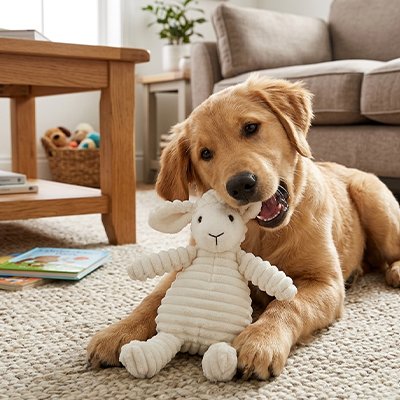 golden retriever joue avec Peluche pour chien mouton sur moquette