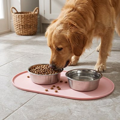 golden retriever mange sur Tapis gamelle rose