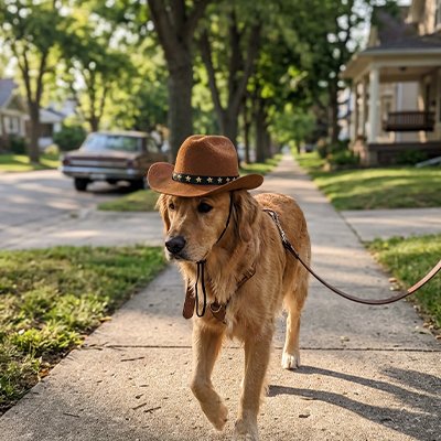 golden retriever porte chapeau Chien en marchant sur trottoir