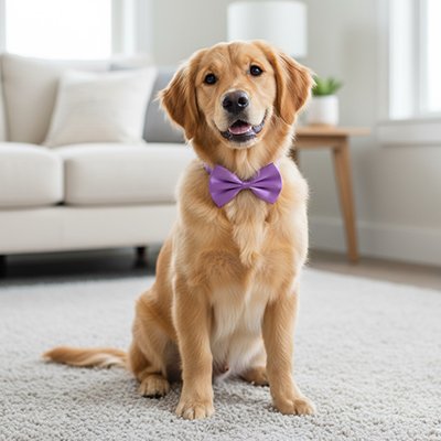 golden retriever porte collier noeud papillon chien assis sur moquette