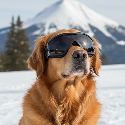 golden retriever porte Lunettes pour chien près de montagne en hiver