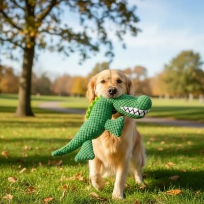 golden retriever tient Peluche pour chien dans sa bouche assis sur pelouse
