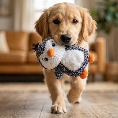 golden retriver marche avec Peluche pour chien dans la gueule