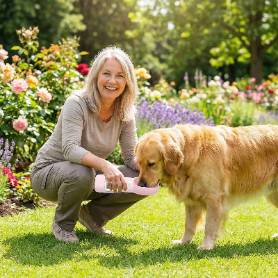 golden retriever boit eau de gourde chien tenu par dame dans parc fleuri