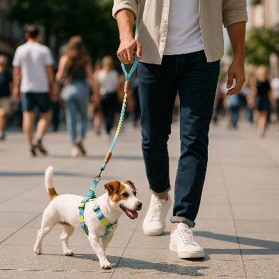 jack Russell portant harnais chien bleu et jaune se promene dans la rue avec un homme qui le tient en laisse