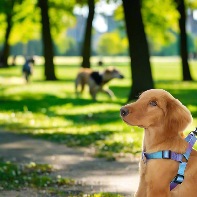 golden retriever portant harnais chien assis dans parc vert