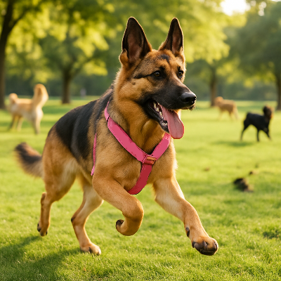 berger allemand portant harnais pour chien rose joue dans un parc avec autres chiens