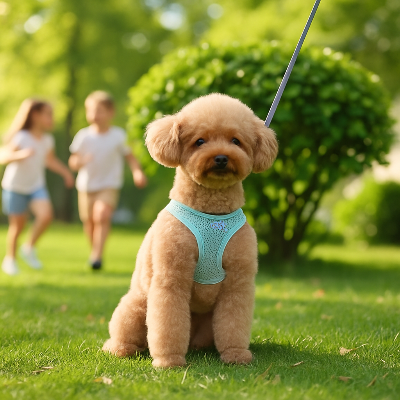 caniche brun portant harnais pour chien assis dans gazon avec des enfants