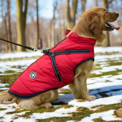 golden retriever vu de cote avec harnais pour chien rouge