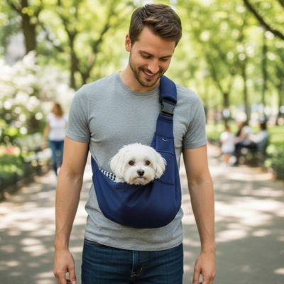 homme porte bichon dans Sac Chien en marchant dans parc