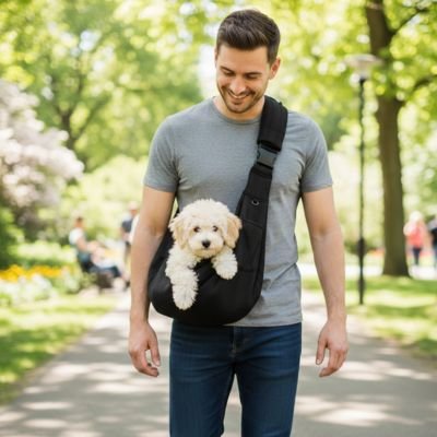 homme porte caniche beige dans Sac Chien dans parc
