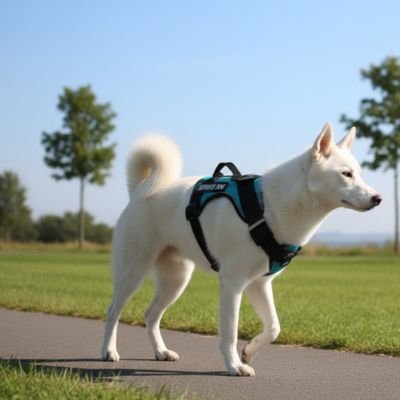 husky blanc porte Harnais chien bleu vert marche sur sentier pavé