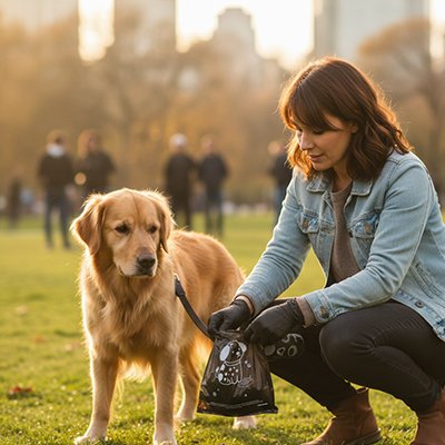jeune femme avec golden retriever utilise Sac a crotte noir dans parc
