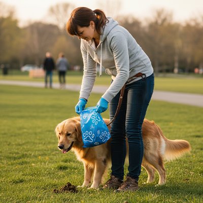 jeune femme avec golden retriever utilise Sac a crotte dans parc