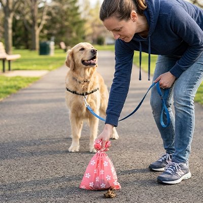 jeune femme et golden retriever utilise Sac a crotte