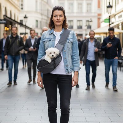 jeune femme porte caniche blanc dans Sac transport pour Chien en ville