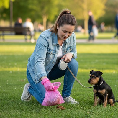 jeune femme utilise Sac crotte chien dans parc avec son chien noir