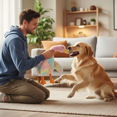 jeune homme joue avec labrador avec Peluche chien au salon