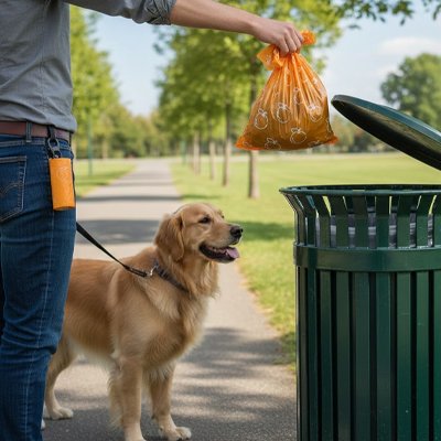 jeune homme utilise Sac a crotte chien pour son golden retriever
