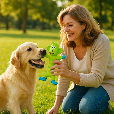 golden retriever joue avec dame avec jouet chien dans un parc