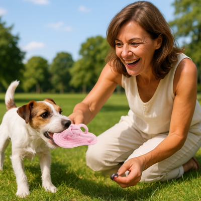 jack russell avec jouet chien dans sa gueule est avec dame aux cheveux bruns