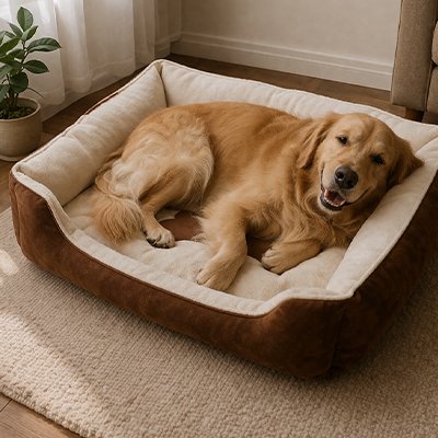 labrador est couché dans Panier Chien rose au sol sur moquette